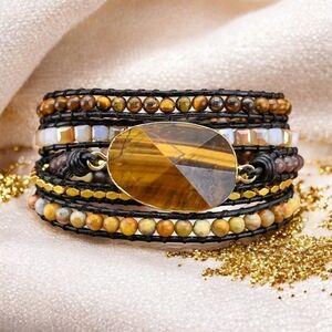 🆕️Boho Chic Tiger's Eye 5-Wrap Trendy Bracelet – Adjustable & Handmade 🌟